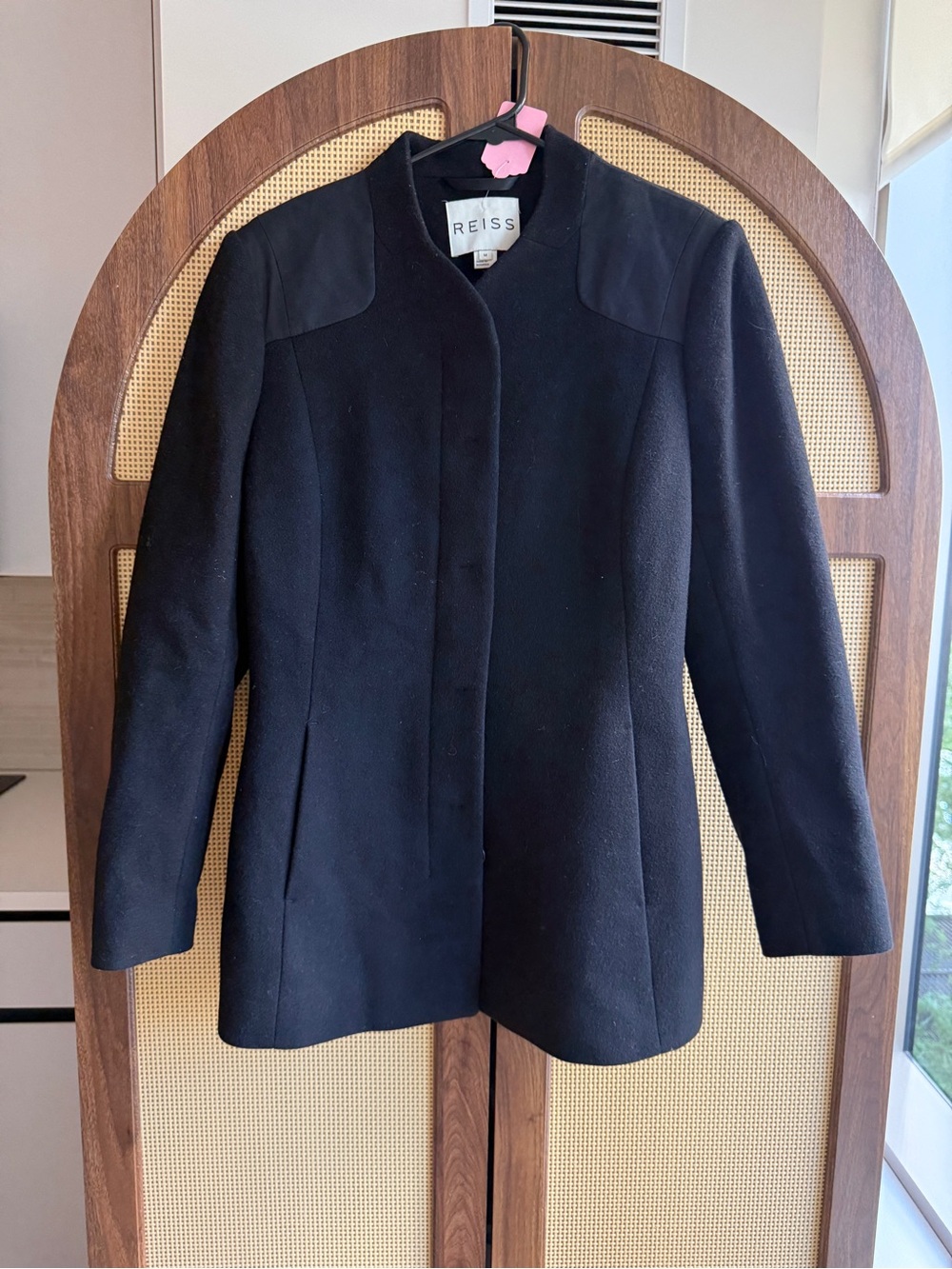 REISS Women's Black Collarless Wool Coat - size M